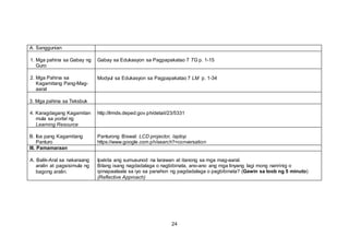 A. Sanggunian
1. Mga pahina sa Gabay ng
Guro
Gabay sa Edukasyon sa Pagpapakatao 7 TG p. 1-15
2. Mga Pahina sa
Kagamitang Pang-Mag-
aaral
Modyul sa Edukasyon sa Pagpapakatao 7 LM p. 1-34
3. Mga pahina sa Teksbuk
4. Karagdagang Kagamitan
mula sa portal ng
Learning Resource
http://lrmds.deped.gov.ph/detail/23/5331
B. Iba pang Kagamitang
Panturo
Panturong Biswal: LCD projector, laptop
https://www.google.com.ph/search?=conversation
III. Pamamaraan
A. Balik-Aral sa nakaraang
aralin at pagsisimula ng
bagong aralin.
Ipakita ang sumusunod na larawan at itanong sa mga mag-aaral.
Bilang isang nagdadalaga o nagbibinata, ano-ano ang mga linyang lagi mong naririnig o
ipinapaalaala sa iyo sa panahon ng pagdadalaga o pagbibinata? (Gawin sa loob ng 5 minuto)
(Reflective Approach)
24
 