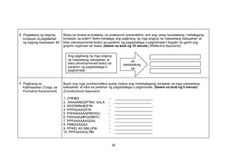 E. Pagtalakay ng bagong
konsepto at paglalahad
ng bagong kasanayan #2
Batay sa binasa at tinalakay na powerpoint presentation, ano ang iyong naunawaang mahalagang
konsepto sa aralin? Bakit mahalaga ang paglinang ng mga angkop na inaasahang kakayahan at
kilos (developmental tasks) sa panahon ng pagdadalaga o pagbibinata? Sagutin ito gamit ang
graphic organizer sa ibaba. (Gawin sa loob ng 10 minuto) (Reflective Approach)
Ang paglinang ng mga angkop
na inaasahang kakayahan at ay
kilos (developmental tasks) sa nakatutulong
panahon ng pagdadalaga o sa
pagbibinata
F. Paglinang sa
Kabihasahan (Tungo sa
Formative Assessment)
Buuin ang mga jumbled letters upang mabuo ang mahahalagang konsepto sa mga inaasahang
kakayahan at kilos sa panahon ng pagdadalaga o pagbibinata. (Gawin sa loob ng 5 minuto)
(Constructivist Approach)
1. OTIPIBS -
2. AAAANNGGPTMU SALA -
3. KKOOMNUIASYN -
4. PPPAAAAGSYA -
5. PHHHAAAAAPBNYGU -
6. PKKAAAAIIPGGNNYU -
7. PPPAAAAAAGGHL -
8. PBBGGAAAO -
9. PPAEL AS NNLUPIA -
10. PPPAAAAGLYIM -
34
 