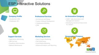 Berkeley, CA
Lahore
Karachi
ESP Interactive Solutions
3
Company Profile
• Established: 2001
• Employees: 60+
Professional Services
• Architecture and Design
• Custom Software Development
• Collaboration/Mobility
• CRM
An Innovative Company
• SAMS- Sales Automation and
Management Solution
• Developing Social Commerce tools
for retailers
Support Services
• Applications Monitoring
• DBA Services
• SharePoint Administration
• Website Maintenance
Marketing Services
• Search Engine Marketing
• Paid Advertising
• Social Media Marketing
• Advanced Analytics and Reporting
Geographical Presence
 
