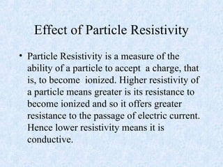 Effect of Particle Resistivity
• Particle Resistivity is a measure of the
ability of a particle to accept a charge, that
is, to become ionized. Higher resistivity of
a particle means greater is its resistance to
become ionized and so it offers greater
resistance to the passage of electric current.
Hence lower resistivity means it is
conductive.
 