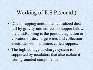 Working of E.S.P.(contd.)
• Due to rapping action the neutralized dust
fall by gravity into collection hopper below
the unit.Rapping is the periodic agitation or
vibration of discharge wires and collection
electrodes with hammers called rappers.
• The high voltage discharge system is
supported by insulators that also isolate it
from grounded components.
 
