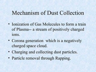Mechanism of Dust Collection
• Ionization of Gas Molecules to form a train
of Plasma-- a stream of positively charged
ions.
• Corona generation which is a negatively
charged space cloud.
• Charging and collecting dust particles.
• Particle removal through Rapping.
 