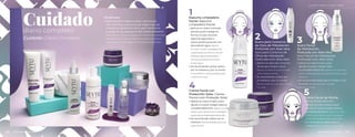 o
n
t
r
o
l
d
M
a
n
c
h
n
t
c
h
a
s
o
l
ANTIEDAD
Cuidado
diario completo
Beneficios
•	Este completo sistema diario, adicionado
con vitaminas y extractos de origen natural,
mejorará la apariencia de tu piel mientras la
protege de las agresiones del medio ambiente.
Este sistema diário completo, com vitaminas e extratos
de origem natural, irá melhorar a aparência da sua
pele enquanto a protege contra danos ambientais 3
Suero Facial
de Hidratación
Profunda con Aloe Vera
Soro Facial de Hidratação
Profunda com Aloe Vera
•	Aplicar en rostro limpio y seco
dando un suave masaje hasta
su completa absorción. Aplicar no rosto limpo
e seco massageando-o suavemente até sua total
absorção
•	Se recomienda utilizar por la mañana y por
la noche. Recomenda-se o uso pela
•	manhã e à noite
2
Suero para Contorno
de Ojos de Hidratación
Profunda con Aloe Vera
Soro para Contorno de
Olhos de Hidratação
Profunda com Aloe Vera
•	Aplicar en área del contorno
de los ojos limpia y seca.
Aplicar na área de contorno dos
olhos limpos e secos
•	Se recomienda utilizar por
la mañana y por la noche.
Recomenda-se o uso pela manhã
e à noite
4
Crema Facial con
Protección Solar. Creme
Facial com Proteção Solar
•	Aplicar en rostro limpio y seco
dando un suave masaje hasta su
completa absorción. Aplicar no rosto
limpo e seco dando uma massagem
suave até ser totalmente absorvido
•	Se recomienda utilizar por la
mañana. Recomendado para uso
pela manhã
5
Crema Facial de Noche
Creme Facial Noturno
•	Aplicar en rostro limpio y seco
dando un suave masaje hasta su
completa absorción. Aplicar no rosto
limpo e seco dando uma massagem
suave até ser totalmente absorvido
•	Se recomienda utilizar por la
noche. Recomenda-se o uso à noite
Cuidado Diário Completo
1
Espuma Limpiadora
Facial. Espuma
Limpadora Facial
•	Aplicar en rostro húmedo
dando suave masaje en
forma circular durante
algunos segundos y
retirar perfectamente con
abundante agua. Aplicar
no rosto úmido massageando
suavemente em forma circular
durante alguns segundos e
remover perfeitamente com
muita água
•	Se recomienda utilizar diario
por la mañana y por la noche
O uso diário é recomendado pela
manhã e à noite
22 23
SISTEMAS SISTEMAS SISTEMAS SISTEMAS
CUIDADO DIARIO CUIDADO DIÁRIO
 