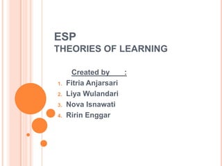 ESP
THEORIES OF LEARNING

1.
2.
3.
4.

Created by
:
Fitria Anjarsari
Liya Wulandari
Nova Isnawati
Ririn Enggar

 