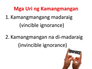 Mga Uri ng Kamangmangan
1. Kamangmangang madaraig
(vincible ignorance)
2. Kamangmangan na di-madaraig
(invincible ignorance)
 