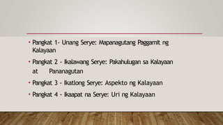 • Pangkat 1- Unang Serye: Mapanagutang Paggamit ng
Kalayaan
• Pangkat 2 - Ikalawang Serye: Pakahulugan sa Kalayaan
at Pananagutan
• Pangkat 3 - Ikatlong Serye: Aspekto ng Kalayaan
• Pangkat 4 - Ikaapat na Serye: Uri ng Kalayaan
 