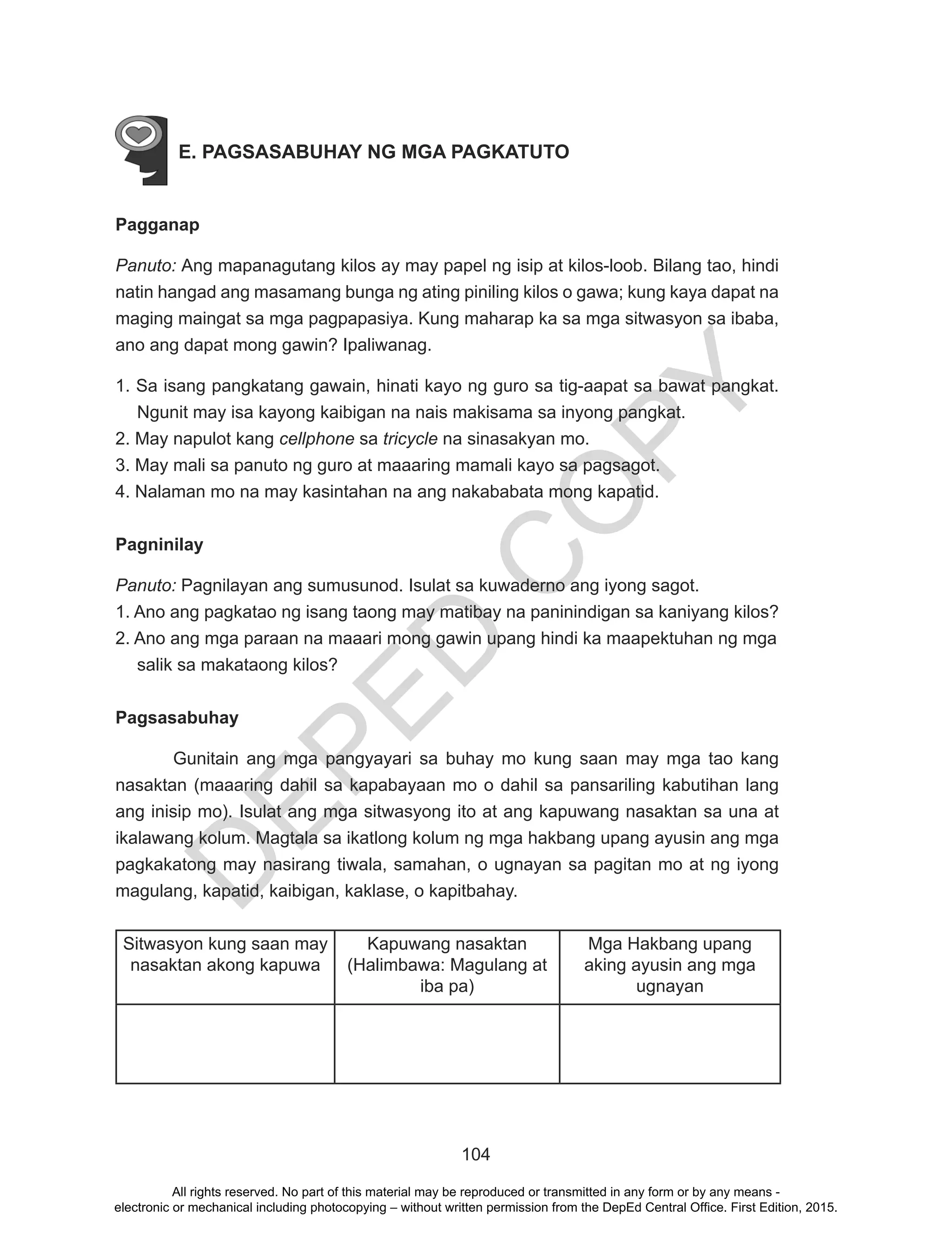 D
EPED
C
O
PY
104
E. PAGSASABUHAY NG MGA PAGKATUTO
Pagganap
Panuto: Ang mapanagutang kilos ay may papel ng isip at kilos-loob. Bilang tao, hindi
natin hangad ang masamang bunga ng ating piniling kilos o gawa; kung kaya dapat na
maging maingat sa mga pagpapasiya. Kung maharap ka sa mga sitwasyon sa ibaba,
ano ang dapat mong gawin? Ipaliwanag.
1. Sa isang pangkatang gawain, hinati kayo ng guro sa tig-aapat sa bawat pangkat.
Ngunit may isa kayong kaibigan na nais makisama sa inyong pangkat.
2. May napulot kang cellphone sa tricycle na sinasakyan mo.
3. May mali sa panuto ng guro at maaaring mamali kayo sa pagsagot.
4. Nalaman mo na may kasintahan na ang nakababata mong kapatid.
Pagninilay
Panuto: Pagnilayan ang sumusunod. Isulat sa kuwaderno ang iyong sagot.
1. Ano ang pagkatao ng isang taong may matibay na paninindigan sa kaniyang kilos?
2. Ano ang mga paraan na maaari mong gawin upang hindi ka maapektuhan ng mga
salik sa makataong kilos?
Pagsasabuhay
Gunitain ang mga pangyayari sa buhay mo kung saan may mga tao kang
nasaktan (maaaring dahil sa kapabayaan mo o dahil sa pansariling kabutihan lang
ang inisip mo). Isulat ang mga sitwasyong ito at ang kapuwang nasaktan sa una at
ikalawang kolum. Magtala sa ikatlong kolum ng mga hakbang upang ayusin ang mga
pagkakatong may nasirang tiwala, samahan, o ugnayan sa pagitan mo at ng iyong
magulang, kapatid, kaibigan, kaklase, o kapitbahay.
Sitwasyon kung saan may
nasaktan akong kapuwa
Kapuwang nasaktan
(Halimbawa: Magulang at
iba pa)
Mga Hakbang upang
aking ayusin ang mga
ugnayan
All rights reserved. No part of this material may be reproduced or transmitted in any form or by any means -
electronic or mechanical including photocopying – without written permission from the DepEd Central Office. First Edition, 2015.
 