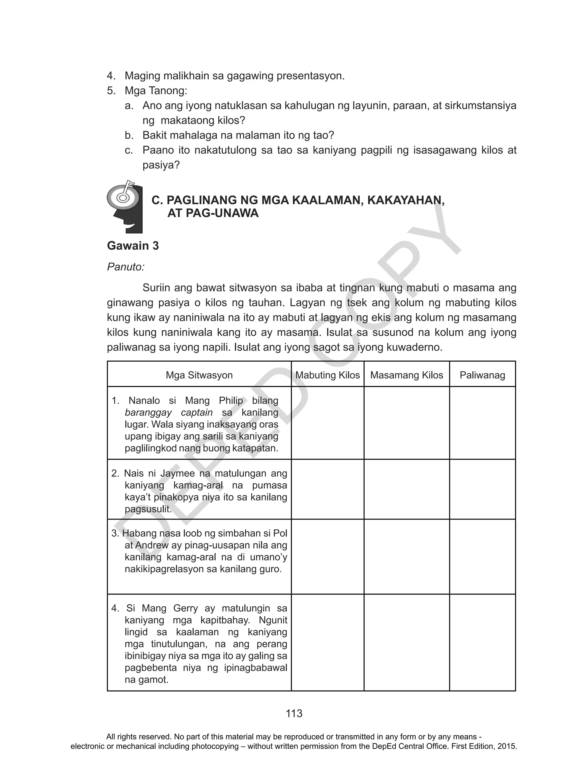 D
EPED
C
O
PY
113
4.	 Maging malikhain sa gagawing presentasyon.	
5.	 Mga Tanong:
a.	 Ano ang iyong natuklasan sa kahulugan ng layunin, paraan, at sirkumstansiya
ng makataong kilos?
b.	 Bakit mahalaga na malaman ito ng tao?
c.	 Paano ito nakatutulong sa tao sa kaniyang pagpili ng isasagawang kilos at
pasiya?				
C. PAGLINANG NG MGA KAALAMAN, KAKAYAHAN,
AT PAG-UNAWA
Gawain 3
Panuto:
Suriin ang bawat sitwasyon sa ibaba at tingnan kung mabuti o masama ang
ginawang pasiya o kilos ng tauhan. Lagyan ng tsek ang kolum ng mabuting kilos
kung ikaw ay naniniwala na ito ay mabuti at lagyan ng ekis ang kolum ng masamang
kilos kung naniniwala kang ito ay masama. Isulat sa susunod na kolum ang iyong
paliwanag sa iyong napili. Isulat ang iyong sagot sa iyong kuwaderno.
Mga Sitwasyon Mabuting Kilos Masamang Kilos Paliwanag
1. Nanalo si Mang Philip bilang
baranggay captain sa kanilang
lugar. Wala siyang inaksayang oras
upang ibigay ang sarili sa kaniyang
paglilingkod nang buong katapatan.
2. Nais ni Jaymee na matulungan ang
kaniyang kamag-aral na pumasa
kaya’t pinakopya niya ito sa kanilang
pagsusulit.
3. Habang nasa loob ng simbahan si Pol
at Andrew ay pinag-uusapan nila ang
kanilang kamag-aral na di umano’y
nakikipagrelasyon sa kanilang guro.
4. Si Mang Gerry ay matulungin sa
kaniyang mga kapitbahay. Ngunit
lingid sa kaalaman ng kaniyang
mga tinutulungan, na ang perang
ibinibigay niya sa mga ito ay galing sa
pagbebenta niya ng ipinagbabawal
na gamot.
All rights reserved. No part of this material may be reproduced or transmitted in any form or by any means -
electronic or mechanical including photocopying – without written permission from the DepEd Central Office. First Edition, 2015.
 