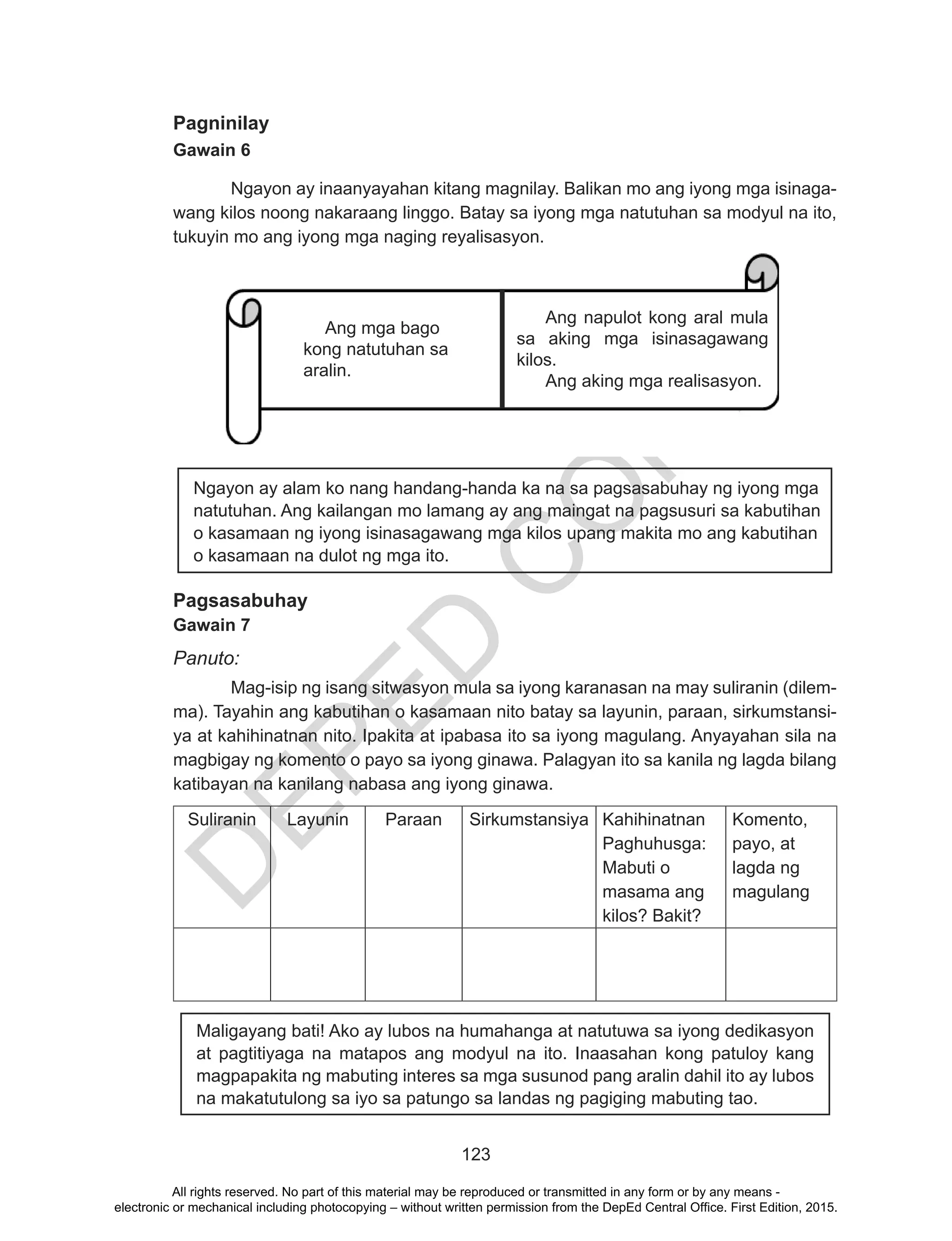 D
EPED
C
O
PY
123
Pagninilay
Gawain 6
Ngayon ay inaanyayahan kitang magnilay. Balikan mo ang iyong mga isinaga-
wang kilos noong nakaraang linggo. Batay sa iyong mga natutuhan sa modyul na ito,
tukuyin mo ang iyong mga naging reyalisasyon.
Ang mga bago kong
natutuhan sa aralin.
Ang napulot kong aral mula
sa aking mga pinipiling
kilos.
Ang aking mga realisasyon.
Ngayon ay alam ko nang handang-handa ka na sa pagsasabuhay ng iyong mga
natutuhan. Ang kailangan mo lamang ay ang maingat na pagsusuri sa kabutihan
o kasamaan ng iyong isinasagawang mga kilos upang makita mo ang kabutihan
o kasamaan na dulot ng mga ito.
Pagsasabuhay
Gawain 7
Panuto:
	 Mag-isip ng isang sitwasyon mula sa iyong karanasan na may suliranin (dilem-
ma). Tayahin ang kabutihan o kasamaan nito batay sa layunin, paraan, sirkumstansi-
ya at kahihinatnan nito. Ipakita at ipabasa ito sa iyong magulang. Anyayahan sila na
magbigay ng komento o payo sa iyong ginawa. Palagyan ito sa kanila ng lagda bilang
katibayan na kanilang nabasa ang iyong ginawa.
Suliranin Layunin Paraan Sirkumstansiya Kahihinatnan
Paghuhusga:
Mabuti o
masama ang
kilos? Bakit?
Komento,
payo, at
lagda ng
magulang
Maligayang bati! Ako ay lubos na humahanga at natutuwa sa iyong dedikasyon
at pagtitiyaga na matapos ang modyul na ito. Inaasahan kong patuloy kang
magpapakita ng mabuting interes sa mga susunod pang aralin dahil ito ay lubos
na makatutulong sa iyo sa patungo sa landas ng pagiging mabuting tao.
Ang mga bago
kong natutuhan sa
aralin.
Ang napulot kong aral mula
sa aking mga isinasagawang
kilos.
Ang aking mga realisasyon.
All rights reserved. No part of this material may be reproduced or transmitted in any form or by any means -
electronic or mechanical including photocopying – without written permission from the DepEd Central Office. First Edition, 2015.
 