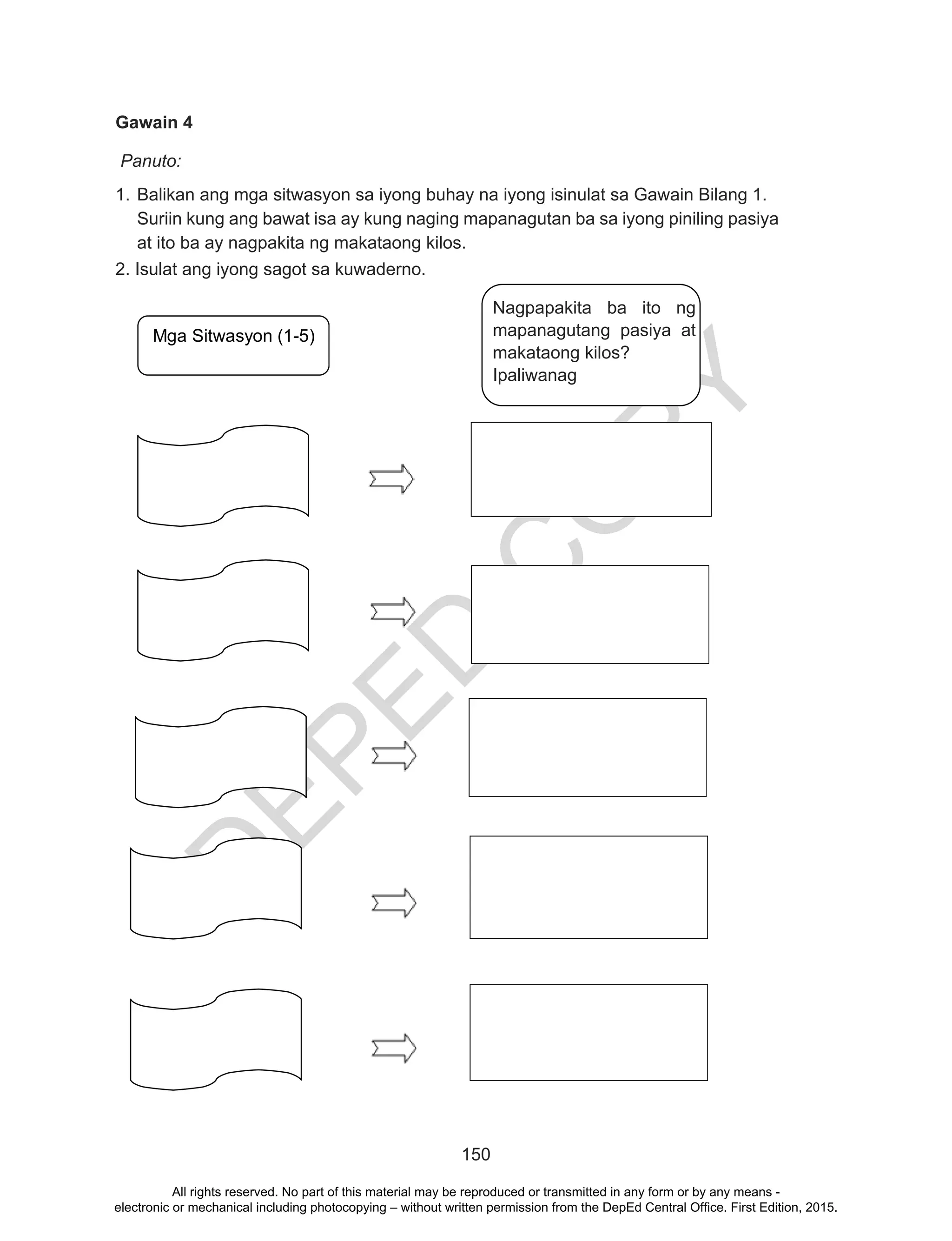 D
EPED
C
O
PY
150
Gawain 4
Panuto:
1.	Balikan ang mga sitwasyon sa iyong buhay na iyong isinulat sa Gawain Bilang 1.
Suriin kung ang bawat isa ay kung naging mapanagutan ba sa iyong piniling pasiya
at ito ba ay nagpakita ng makataong kilos.
2. Isulat ang iyong sagot sa kuwaderno.
Mga Sitwasyon (1-5)
Nagpapakita ba ito ng
mapanagutang pasya at
makataong kilos?
Ipaliwanang.
Nagpapakita ba ito ng
mapanagutang pasiya at
makataong kilos?
Ipaliwanag
All rights reserved. No part of this material may be reproduced or transmitted in any form or by any means -
electronic or mechanical including photocopying – without written permission from the DepEd Central Office. First Edition, 2015.
 