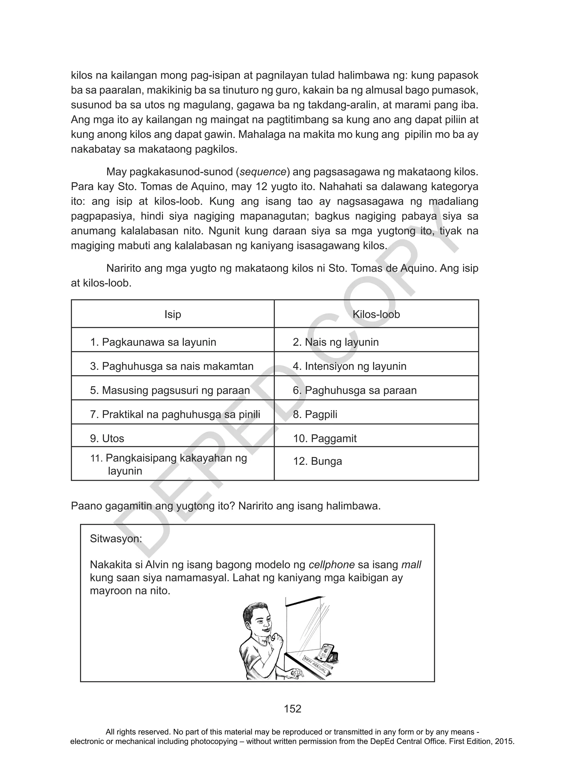 D
EPED
C
O
PY
152
kilos na kailangan mong pag-isipan at pagnilayan tulad halimbawa ng: kung papasok
ba sa paaralan, makikinig ba sa tinuturo ng guro, kakain ba ng almusal bago pumasok,
susunod ba sa utos ng magulang, gagawa ba ng takdang-aralin, at marami pang iba.
Ang mga ito ay kailangan ng maingat na pagtitimbang sa kung ano ang dapat piliin at
kung anong kilos ang dapat gawin. Mahalaga na makita mo kung ang pipilin mo ba ay
nakabatay sa makataong pagkilos.
	 May pagkakasunod-sunod (sequence) ang pagsasagawa ng makataong kilos.
Para kay Sto. Tomas de Aquino, may 12 yugto ito. Nahahati sa dalawang kategorya
ito: ang isip at kilos-loob. Kung ang isang tao ay nagsasagawa ng madaliang
pagpapasiya, hindi siya nagiging mapanagutan; bagkus nagiging pabaya siya sa
anumang kalalabasan nito. Ngunit kung daraan siya sa mga yugtong ito, tiyak na
magiging mabuti ang kalalabasan ng kaniyang isasagawang kilos.
	 Naririto ang mga yugto ng makataong kilos ni Sto. Tomas de Aquino. Ang isip
at kilos-loob.
Isip Kilos-loob
1. Pagkaunawa sa layunin 2. Nais ng layunin
3. Paghuhusga sa nais makamtan 4. Intensiyon ng layunin
5. Masusing pagsusuri ng paraan 6. Paghuhusga sa paraan
7. Praktikal na paghuhusga sa pinili 8. Pagpili
9. Utos 10. Paggamit
11. Pangkaisipang kakayahan ng
layunin
12. Bunga
Paano gagamitin ang yugtong ito? Naririto ang isang halimbawa.
Sitwasyon:
Nakakita si Alvin ng isang bagong modelo ng cellphone sa isang mall
kung saan siya namamasyal. Lahat ng kaniyang mga kaibigan ay
mayroon na nito.
All rights reserved. No part of this material may be reproduced or transmitted in any form or by any means -
electronic or mechanical including photocopying – without written permission from the DepEd Central Office. First Edition, 2015.
 
