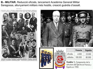 B.- MILITAR. Reducció oficials, tancament Acadèmia General Militar
Saragossa, allunyament militars més hostils, creació guàrdia d’assalt.
 