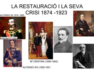 LA RESTAURACIÓ I LA SEVA
CRISI 1874 -1923
Mª CRISTINA (1885-1902)
ALFONSO XII 1874- 1885
ALFONSO XIII (1902-1931)
 