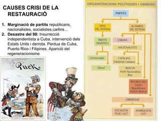CAUSES CRISI DE LA
RESTAURACIÓ
1. Marginació de partits republicans,
nacionalistes, socialistes,carlins...
2. Desastre del 98: Insurrecció
independentista a Cuba, intervenció dels
Estats Units i derrota. Perdua de Cuba,
Puerto Rico i Filipines. Aparició del
regeneracionisme.
 