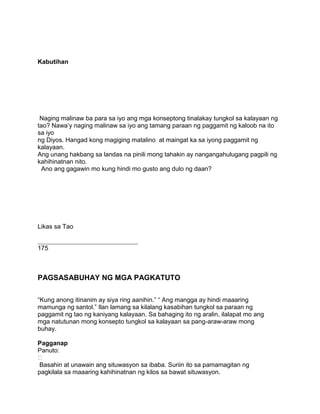Kabutihan
Naging malinaw ba para sa iyo ang mga konseptong tinalakay tungkol sa kalayaan ng
tao? Nawa‟y naging malinaw sa iyo ang tamang paraan ng paggamit ng kaloob na ito
sa iyo
ng Diyos. Hangad kong magiging matalino at maingat ka sa iyong paggamit ng
kalayaan.
Ang unang hakbang sa landas na pinili mong tahakin ay nangangahulugang pagpili ng
kahihinatnan nito.
Ano ang gagawin mo kung hindi mo gusto ang dulo ng daan?
Likas sa Tao
________________________________
175
PAGSASABUHAY NG MGA PAGKATUTO
“Kung anong itinanim ay siya ring aanihin.” “ Ang mangga ay hindi maaaring
mamunga ng santol.” Ilan lamang sa kilalang kasabihan tungkol sa paraan ng
paggamit ng tao ng kaniyang kalayaan. Sa bahaging ito ng aralin, ilalapat mo ang
mga natutunan mong konsepto tungkol sa kalayaan sa pang-araw-araw mong
buhay.
Pagganap
Panuto:

Basahin at unawain ang situwasyon sa ibaba. Suriin ito sa pamamagitan ng
pagkilala sa maaaring kahihinatnan ng kilos sa bawat situwasyon.
 