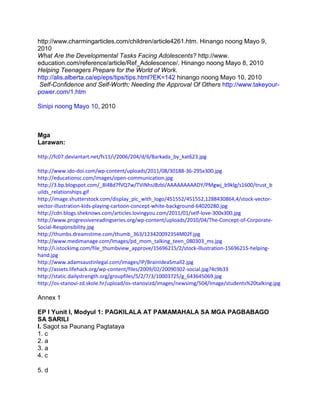http://www.charmingarticles.com/children/article4261.htm. Hinango noong Mayo 9,
2010
What Are the Developmental Tasks Facing Adolescents? http://www.
education.com/reference/article/Ref_Adolescence/. Hinango noong Mayo 8, 2010
Helping Teenagers Prepare for the World of Work.
http://alis.alberta.ca/ep/eps/tips/tips.html?EK=142 hinango noong Mayo 10, 2010
Self-Confidence and Self-Worth; Needing the Approval Of Others http://www.takeyour-
power.com/1.htm
Sinipi noong Mayo 10, 2010
Mga
Larawan:
http://fc07.deviantart.net/fs11/i/2006/204/d/6/Barkada_by_kat623.jpg
http://www.ido-doi.com/wp-content/uploads/2011/08/30188-36-295x300.jpg
http://educationsc.com/images/open-communication.jpg
http://3.bp.blogspot.com/_8l48d7fVQ7w/TVINhsJBzbI/AAAAAAAAADY/PMgwj_b9klg/s1600/trust_b
uilds_relationships.gif
http://image.shutterstock.com/display_pic_with_logo/451552/451552,1288430864,4/stock-vector-
vector-illustration-kids-playing-cartoon-concept-white-background-64020280.jpg
http://cdn.blogs.sheknows.com/articles.lovingyou.com/2011/01/self-love-300x300.jpg
http://www.progressivereadingseries.org/wp-content/uploads/2010/04/The-Concept-of-Corporate-
Social-Responsibility.jpg
http://thumbs.dreamstime.com/thumb_363/123420092354M02f.jpg
http://www.medimanage.com/Images/pd_mom_talking_teen_080303_ms.jpg
http://i.istockimg.com/file_thumbview_approve/15696215/2/stock-illustration-15696215-helping-
hand.jpg
http://www.adamsaustinlegal.com/images/IP/BrainIdeaSmall2.jpg
http://assets.lifehack.org/wp-content/files/2009/02/20090302-social.jpg?4c9b33
http://static.dailystrength.org/groupfiles/5/2/7/3/10003725/g_643645069.jpg
http://os-stanovi-zd.skole.hr/upload/os-stanovizd/images/newsimg/504/Image/students%20talking.jpg
Annex 1
EP I Yunit I, Modyul 1: PAGKILALA AT PAMAMAHALA SA MGA PAGBABAGO
SA SARILI
I. Sagot sa Paunang Pagtataya
1. c
2. a
3. a
4. c
5. d
 