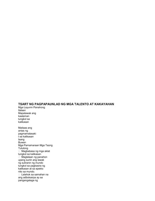 TSART NG PAGPAPAUNLAD NG MGA TALENTO AT KAKAYAHAN
Mga Layunin Panahong
Ilalaan
Mapalawak ang
kaalaman
tungkol sa
kalikasan
Maitaas ang
antas ng
pagmamalasaki
t sa kalikasan
Isang
Buwan
Mga Pamamaraan Mga Taong
Tutulong
 Magbabasa ng mga aklat
tungkol sa kalikasan
 Maglalaan ng panahon
upang suriin ang lawak
ng suliranin ng mundo
tungkol sa pagkasira ng
kalikasan at sa epekto
nito sa mundo.
 Lalahok sa samahan na
ang adbokasiya ay sa
pangangalaga ng
 