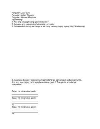 Pangalan: Juan Luna
Pangalan: Albert Einstein
Pangalan: Heidee Mendoza
Mga tanong:
1. Ano ang kinagigiliwang gawin ni Leslie?
2. Ilarawan ang natatanging kakayahan ni Leslie.
3. Paano nakatutulong sa kaniya at sa ibang tao ang taglay niyang hilig? Ipaliwanag.
B. Ang nasa ibaba ay larawan ng mga kilalang tao sa bansa at sa buong mundo.
Ano ang mga bagay na kinagigiliwan nilang gawin? Tukuyin ito at isulat sa
kuwaderno.
Bagay na minamahal gawin:
________________________
________________________
Bagay na minamahal gawin:
________________________
________________________
70
Bagay na minamahal gawin:
________________________
________________________
71
 