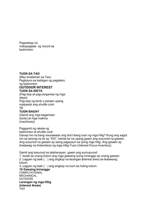 Pagsisikap na
makapagtala ng record sa
badminton
TUON SA TAO
(May kinalaman sa Tao)
Pagtuturo sa kaibigan ng paglalaro
ng badminton
OUTDOOR INTEREST
TUON SA IDEYA
(Pag-iisip at pag-oorganisa ng mga
ideya)
Pag-iisip ng tenik o paraan upang
maipasok ang shuttle cock
76
TUON BAGAY
(Gamit ang mga kagamitan
(tools) at mga makina
(machines))
Paggamit ng raketa ng
badminton at shuttle cock
Ganap mo na bang naunawaan ang iba‟t ibang tuon ng mga hilig? Kung ang sagot
mo sa tanong na ito ay “OO”, handa ka na upang gawin ang susunod na gawain.
Ang susunod na gawain ay isang pagsusuri sa iyong mga hilig. Ang gawain ay
tinatawag na Imbentaryo ng mga Hilig-Tuon (Interest-Focus Inventory).
Gamit ang kasunod na talahanayan, gawin ang sumusunod:
1. Isulat sa unang kolum ang mga gawaing iyong iniranggo sa unang gawain.
2. Lagyan ng tsek () ang angkop na larangan (interest area) sa ikalawang
kolum.
3. Lagyan ng tsek () ang angkop na tuon sa huling kolum.
10 Gawaing Iniranggo
COMPUTATIONAL
MECHANICAL
OUTDOOR
Larangan ng mga Hilig
(Interest Areas)
TAO
 