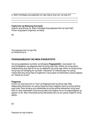 ___________________________________________________________
6. Bakit mahalaga ang pagtuklas sa mga hilig at ang tuon ng mga ito?
______________________________________________________________
______________________________________________________________
______________________________________________________________
Paghinuha ng Batayang Konsepto
Sagutin ang tanong na: Bakit mahalaga ang pagpapaunlad ng mga hilig?
Punan ang graphic organizer sa ibaba.
82
Ang pagpapaunlad ng mga hilig
ay nakatutulong sa
PAGSASABUHAY NG MGA PAGKATUTO
Sa iyong pagbabasa ng teksto sa bahaging Pagpapalalim, naunawaan mo
ang kahalagahan ng pagpapaunlad ng iyong mga hilig. Nakita mo kung paano
makatutulong ang mga ito sa iyo sa pagkamit ng iyong mga mithiin sa iyong buhay.
Kung kaya sa bahaging ito ng aralin, inaasahan na matutulungan ka upang
mapaunlad ang iyong hilig at magkaroon nang sapat na kahandaan upang isagawa
ito. Handa ka na ba?
Pagganap
Punan mo ang kasunod na Tsart ng Pagpapaunlad ng Aking mga Hilig.
Magandang karanasan ito upang masanay kang magplano para sa iyong sariling
pag-unlad. Ikaw lamang ang nakakikilala sa iyong sariling kakayahan kung kaya
ikaw rin ang makaaalam kung anong estilo ang angkop sa iyo sa pagsasagawa ng
gawain na ito. May inihandang isang halimbawa para sa iyo upang magamit mong
gabay.
83
Pagtupad sa mga tungkulin
 