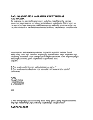 PAGLINANG NG MGA KAALAMAN, KAKAYAHAN AT
PAG-UNAWA
Sa pagharap mo sa malaking gampanin sa buhay, napaliligiran ka ng mga
taong may kaugnayan sa iyo bilang nagdadalaga o nagbibinata. Bilang tugon sa
hamon na ito, ikaw ngayon ay makikipag-ugnayan sa kanila sa pamamagitan ng
pag-alam tungkol sa kanilang inaasahan sa iyo bilang nagdadalaga o nagbibinata.
Kapanayamin ang mga taong nakatala sa graphic organizer sa itaas. Pumili
ka ng isang taosa mga kahon na magbibigay ng malinaw na sagot tungkol sa mga
tungkuling inaasahan sa iyo bilang nagdadalaga/nagbibinata. Isulat ang iyong sagot
sa iyong kuwaderno gamit ang katulad na pormat sa itaas.
Sagutin:
1. Ano ang iyong konklusyon sa kinalabasan ng sarbey?
2. Ano ang iyong damdamin sa mga nakasulat na inaasahang tungkulin?
Ipaliwanag.
AKO
BILANG ISANG
NAGDADALAGA
O NAGBIBINATA
101
3. Ano-anong mga paghahanda ang dapat mong gawin upang magampanan mo
ang mga inaasahang tungkulin bilang nagdadalaga o nagbibinata?
PAGPAPALALIM
 