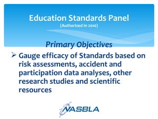 Gauge efficacy of Standards based on risk assessments, accident and participation data analyses, other research studies and scientific resources  Education Standards Panel (Authorized in 2010) Primary  Objectives 