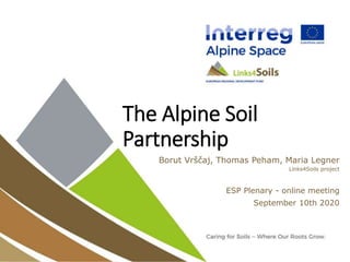 The Alpine Soil
Partnership
Borut Vrščaj, Thomas Peham, Maria Legner
Links4Soils project
ESP Plenary - online meeting
September 10th 2020
 