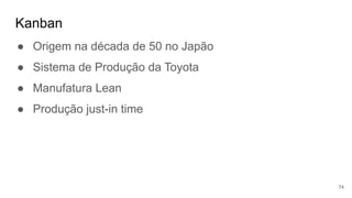 Kanban
74
● Origem na década de 50 no Japão
● Sistema de Produção da Toyota
● Manufatura Lean
● Produção just-in time
 