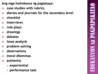 Ang mga halimbawa ng pagtataya:
 case studies with rubrics
 diaries and journals for the secondary level
 checklist
 interviews
 role plays
 drawings
 debates
 issue analysis
 problem solving
 observations
 moral dilemmas
 authentic
    experiential
    performance task
 