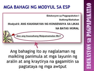 Ang bahaging ito ay naglalaman ng
 maikling panimula at mga layunin ng
aralin at ang kraytirya na gagamitin sa
       pagtataya ng mga awtput
 