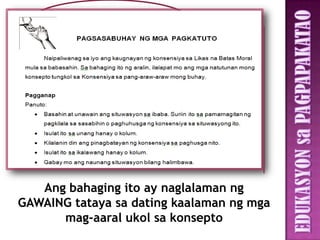 Ang bahaging ito ay naglalaman ng
GAWAING tataya sa dating kaalaman ng mga
      mag-aaral ukol sa konsepto
 