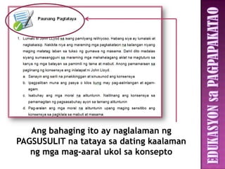 Ang bahaging ito ay naglalaman ng
PAGSUSULIT na tataya sa dating kaalaman
   ng mga mag-aaral ukol sa konsepto
 