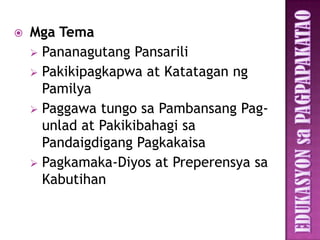    Mga Tema
     Pananagutang Pansarili
     Pakikipagkapwa at Katatagan ng
      Pamilya
     Paggawa tungo sa Pambansang Pag-
      unlad at Pakikibahagi sa
      Pandaigdigang Pagkakaisa
     Pagkamaka-Diyos at Preperensya sa
      Kabutihan
 