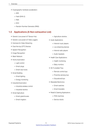 1 Overview
• Cryptographic hardware acceleration:
– AES
– Hash (SHA-2)
– RSA
– ECC
– Random Number Generator (RNG)
1.5 Applications (A Non­exhaustive List)
• Generic Low-power IoT Sensor Hub
• Generic Low-power IoT Data Loggers
• Cameras for Video Streaming
• Over-the-top (OTT) Devices
• Speech Recognition
• Image Recognition
• Mesh Network
• Home Automation
– Light control
– Smart plugs
– Smart door locks
• Smart Building
– Smart lighting
– Energy monitoring
• Industrial Automation
– Industrial wireless control
– Industrial robotics
• Smart Agriculture
– Smart greenhouses
– Smart irrigation
– Agriculture robotics
• Audio Applications
– Internet music players
– Live streaming devices
– Internet radio players
– Audio headsets
• Health Care Applications
– Health monitoring
– Baby monitors
• Wi-Fi-enabled Toys
– Remote control toys
– Proximity sensing toys
– Educational toys
• Wearable Electronics
– Smart watches
– Smart bracelets
• Retail & Catering Applications
– POS machines
– Service robots
Espressif Systems 11
Submit Documentation Feedback
ESP32 Series Datasheet v3.8
 