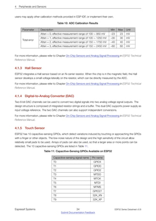 4 Peripherals and Sensors
users may apply other calibration methods provided in ESP-IDF, or implement their own.
Table 10: ADC Calibration Results
Parameter Description Min Max Unit
Total error
Atten = 0, effective measurement range of 100 ∼ 950 mV –23 23 mV
Atten = 1, effective measurement range of 100 ∼ 1250 mV –30 30 mV
Atten = 2, effective measurement range of 150 ∼ 1750 mV –40 40 mV
Atten = 3, effective measurement range of 150 ∼ 2450 mV –60 60 mV
For more information, please refer to Chapter On-Chip Sensors and Analog Signal Processing in ESP32 Technical
Reference Manual.
4.1.3 Hall Sensor
ESP32 integrates a Hall sensor based on an N-carrier resistor. When the chip is in the magnetic field, the Hall
sensor develops a small voltage laterally on the resistor, which can be directly measured by the ADC.
For more information, please refer to Chapter On-Chip Sensors and Analog Signal Processing in ESP32 Technical
Reference Manual.
4.1.4 Digital­to­Analog Converter (DAC)
Two 8-bit DAC channels can be used to convert two digital signals into two analog voltage signal outputs. The
design structure is composed of integrated resistor strings and a buffer. This dual DAC supports power supply as
input voltage reference. The two DAC channels can also support independent conversions.
For more information, please refer to Chapter On-Chip Sensors and Analog Signal Processing in ESP32 Technical
Reference Manual.
4.1.5 Touch Sensor
ESP32 has 10 capacitive-sensing GPIOs, which detect variations induced by touching or approaching the GPIOs
with a finger or other objects. The low-noise nature of the design and the high sensitivity of the circuit allow
relatively small pads to be used. Arrays of pads can also be used, so that a larger area or more points can be
detected. The 10 capacitive-sensing GPIOs are listed in Table 11.
Table 11: Capacitive­Sensing GPIOs Available on ESP32
Capacitive-sensing signal name Pin name
T0 GPIO4
T1 GPIO0
T2 GPIO2
T3 MTDO
T4 MTCK
T5 MTDI
T6 MTMS
T7 GPIO27
T8 32K_XN
T9 32K_XP
Espressif Systems 34
Submit Documentation Feedback
ESP32 Series Datasheet v3.8
 