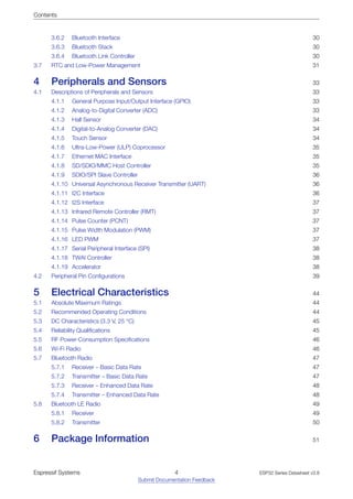 Contents
3.6.2 Bluetooth Interface 30
3.6.3 Bluetooth Stack 30
3.6.4 Bluetooth Link Controller 30
3.7 RTC and Low-Power Management 31
4 Peripherals and Sensors 33
4.1 Descriptions of Peripherals and Sensors 33
4.1.1 General Purpose Input/Output Interface (GPIO) 33
4.1.2 Analog-to-Digital Converter (ADC) 33
4.1.3 Hall Sensor 34
4.1.4 Digital-to-Analog Converter (DAC) 34
4.1.5 Touch Sensor 34
4.1.6 Ultra-Low-Power (ULP) Coprocessor 35
4.1.7 Ethernet MAC Interface 35
4.1.8 SD/SDIO/MMC Host Controller 35
4.1.9 SDIO/SPI Slave Controller 36
4.1.10 Universal Asynchronous Receiver Transmitter (UART) 36
4.1.11 I2C Interface 36
4.1.12 I2S Interface 37
4.1.13 Infrared Remote Controller (RMT) 37
4.1.14 Pulse Counter (PCNT) 37
4.1.15 Pulse Width Modulation (PWM) 37
4.1.16 LED PWM 37
4.1.17 Serial Peripheral Interface (SPI) 38
4.1.18 TWAI Controller 38
4.1.19 Accelerator 38
4.2 Peripheral Pin Configurations 39
5 Electrical Characteristics 44
5.1 Absolute Maximum Ratings 44
5.2 Recommended Operating Conditions 44
5.3 DC Characteristics (3.3 V, 25 °C) 45
5.4 Reliability Qualifications 45
5.5 RF Power-Consumption Specifications 46
5.6 Wi-Fi Radio 46
5.7 Bluetooth Radio 47
5.7.1 Receiver – Basic Data Rate 47
5.7.2 Transmitter – Basic Data Rate 47
5.7.3 Receiver – Enhanced Data Rate 48
5.7.4 Transmitter – Enhanced Data Rate 48
5.8 Bluetooth LE Radio 49
5.8.1 Receiver 49
5.8.2 Transmitter 50
6 Package Information 51
Espressif Systems 4
Submit Documentation Feedback
ESP32 Series Datasheet v3.8
 