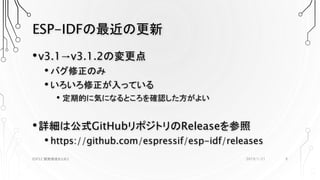ESP-IDFの最近の更新
•v3.1→v3.1.2の変更点
• バグ修正のみ
• いろいろ修正が入っている
• 定期的に気になるところを確認した方がよい
•詳細は公式GitHubリポジトリのReleaseを参照
• https://github.com/espressif/esp-idf/releases
2019/1/21ESP32 開発環境まとめ2 9
 