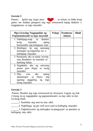 11
Note: Practice Personal Hygiene protocols at all times.
Gawain 2
Panuto: Iguhit ang hugis puso sa kolum sa ibaba kung
gaano mo kadalas ginagawa ang mga sumusunod kapag dadalaw o
magpapasaya sa mga maysakit.
Mga Gawaing Nagpapakita ng
Pagmamalasakit sa mga maysakit
Palagi Paminsan-
minsan
Hindi
1. Nakikipag-usap sa dinalaw
kong maysakit upang
kumustahin ang kalagayan niya.
2. Ibinibigay ko ang anumang
kailangan ng kapamilya ko o
kaibigang maysakit.
3. Sumasama ako sa nanay tuwing
may dinadalaw na maysakit sa
kanilang bahay.
4. Nagdadala ako ng sariwang
prutas para ibigay sa taong
maysakit.
5. May oras ako upang
ipanalangin sa Diyos ang
agarang paggaling ng mga
taong maysakit.
Gawain 3
Panuto: Basahin ang mga sumusunod na sitwasyon. Lagyan ng tsek
(/) kung ito ay nagpapakita ng pagmamalasakit sa may sakit at ekis
(x) kung hindi.
1. Kantahan ang ama na may sakit.
2. Pagbibigay ng get well soon card sa kaibigang maysakit.
3. Pagkukuwento ng malungkot na pangyayari sa paaralan sa
kaibigang may sakit.
 