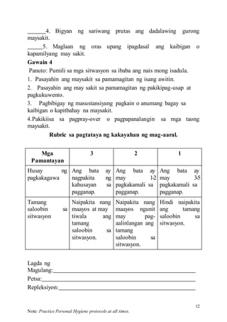12
Note: Practice Personal Hygiene protocols at all times.
4. Bigyan ng sariwang prutas ang dadalawing gurong
maysakit.
5. Maglaan ng oras upang ipagdasal ang kaibigan o
kapamilyang may sakit.
Gawain 4
Panuto: Pumili sa mga sitwasyon sa ibaba ang nais mong isadula.
1. Pasayahin ang maysakit sa pamamagitan ng isang awitin.
2. Pasayahin ang may sakit sa pamamagitan ng pakikipag-usap at
pagkukuwento.
3. Pagbibigay ng masustansiyang pagkain o anumang bagay sa
kaibigan o kapitbahay na maysakit.
4.Pakikiisa sa pagpray-over o pagpapanalangin sa mga taong
maysakit.
Rubric sa pagtataya ng kakayahan ng mag-aaral.
Mga
Pamantayan
3 2 1
Husay ng
pagkakagawa
Ang bata ay
nagpakita ng
kahusayan sa
pagganap.
Ang bata ay
may 1-2
pagkakamali sa
pagganap.
Ang bata ay
may 3-5
pagkakamali sa
pagganap.
Tamang
saloobin sa
sitwasyon
Naipakita nang
maayos at may
tiwala ang
tamang
saloobin sa
sitwasyon.
Naipakita nang
maayos ngunit
may pag-
aalinlangan ang
tamang
saloobin sa
sitwasyon.
Hindi naipakita
ang tamang
saloobin sa
sitwasyon.
Lagda ng
Magulang:
Petsa:
Repleksiyon:
 