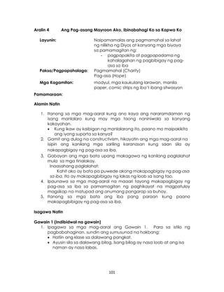 101
Aralin 4 Ang Pag-asang Mayroon Ako, Ibinabahagi Ko sa Kapwa Ko
Layunin: Naipamamalas ang pagmamahal sa lahat
ng nilikha ng Diyos at kanyang mga biyaya
sa pamamagitan ng:
- pagpapakita at pagpapadama ng
kahalagahan ng pagbibigay ng pag-
asa sa iba
Paksa/Pagpapahalaga: Pagmamahal (Charity)
Pag-asa (Hope)
Mga Kagamitan: modyul, mga kaukulang larawan, manila
paper, comic strips ng iba’t ibang sitwasyon
Pamamaraan:
Alamin Natin
1. Itanong sa mga mag-aaral kung ano kaya ang nararamdaman ng
isang manlalaro kung may mga taong naniniwala sa kanyang
kakayahan.
 Kung ikaw ay kaibigan ng manlalarong ito, paano mo maipakikita
ang iyong suporta sa kanya?
2. Gamit ang dulog na constructivism, hikayatin ang mga mag-aaral na
isipin ang kanilang mga sariling karanasan kung saan sila ay
nakapagbigay ng pag-asa sa iba.
3. Gabayan ang mga bata upang makagawa ng kanilang paglalahat
mula sa mga tinalakay.
Inaasahang paglalahat:
Kahit ako ay bata pa puwede akong makapagbigay ng pag-asa
sa iba. Ito ay makapagbibigay ng lakas ng loob sa isang tao.
4. Ipaunawa sa mga mag-aaral na maaari tayong makapagbigay ng
pag-asa sa iba sa pamamagitan ng paghikayat na magpatuloy
magsikap na matupad ang anumang pangarap sa buhay.
5. Itanong sa mga bata ang iba pang paraan kung paano
makapagbibigay ng pag-asa sa iba.
Isagawa Natin
Gawain 1 (Indibidwal na gawain)
1. Ipagawa sa mga mag-aaral ang Gawain 1. Para sa istilo ng
pagbabahaginan, sundin ang sumusunod na hakbang:
 Hatiin ang klase sa dalawang pangkat.
 Ayusin sila sa dalawang bilog. Isang bilog ay nasa loob at ang isa
naman ay nasa labas.
 