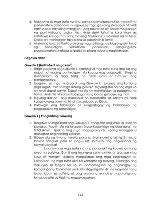112
5. Ipaunawa sa mga bata na ang pangungutya/panunukso, masakit na
pananalita o pananakit sa kapwa ay mga gawaing di-mabuti at hindi
natin dapat hayaang mangyari. Ang bawat isa ay dapat magkaroon
ng paninindigang pigilan ito. Hindi dahil lahat o karamihan ay
natutuwa kapag may isang batang tinutukso ay makikisali na rin tayo.
Dapat ay manindigan tayo para sa kabutihan o tama.
6. Maaaring isulat sa flashcards ang mga salitang nais bigyang-diin tulad
ng paninidigan, kabutihan, panunukso, pangungutya,
pagsasawalang halaga at ipaskil sa pisara habang nagleleksyon.
Isagawa Natin
Gawain 1 (Indibidwal na gawain)
1. Bago ipagawa ang Gawain 1, itanong sa mga bata kung ano ba ang
dapat na maging paninidigan nila kapag may pagsusulit. Sikaping
maipalabas sa mga bata na hindi tama o matuwid ang
pangongopya.
2. Ipagawa sa mga mag-aaral ang Gawain I. Iproseso ang kanilang
mga sagot. Para sa mga maling gawain, bigyang-diin na ang mga ito
ay hindi dapat gawin. Dapat na sila ay manindigan sa paggawa ng
tama. Hindi din nila dapat payagan ang iba na gumawa ng mali.
3. Bigyang-diin na ang masasakit na pananalita sa kapwa ay hindi
kaaya-ayang gawin at hindi nakalulugod sa Diyos.
4. Palawigin ang talakayan at magpabigay ng halimbawa ng
pagpapakita ng paninidigan.
Gawain 2 ( Pangkatang Gawain)
1. Ipagawa sa mga bata ang Gawain 2. Pangkatin ang klase sa apat na
pangkat. Papiliin sila ng larawan (nasa Kagamitan ng Mag-aaral) na
tatalakayin. Ipalista ang mga magagawa nila upang masugpo o
maiwasan ang napiling suliranin.
2. Bigyan sila ng limang minuto para sa brainstorming at tig 2 minuto
bawat pangkat para sa pag-uulat. Iproseso ang paglalahad ng
bawat pangkat.
Ipaunawa sa mga bata na ang pananakit ng kapwa ay isang
anyo ng bullying. Gamit ang teoryang communities of practice nina
Lave at Wenger, sikaping maipalabas ang mga obserbasyon at
karanasan ng mga bata ukol sa konsepto ng bullying. Palawigin ang
diskusyon sa bagay na ito sa pamamagitan ng pagbibigay ng
karagdagang kaalaman ukol dito. Bigyang-diin din na mayroon nang
batas laban sa bullying at ang sinumang mahuli o mapatunayang
lumabag dito ay tiyak na maparurusahan.
 