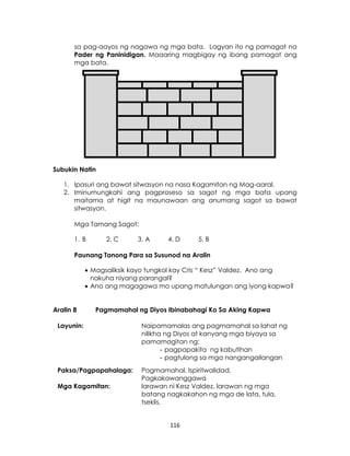 116
sa pag-aayos ng nagawa ng mga bata. Lagyan ito ng pamagat na
Pader ng Paninidigan. Maaaring magbigay ng ibang pamagat ang
mga bata.
Subukin Natin
1. Ipasuri ang bawat sitwasyon na nasa Kagamitan ng Mag-aaral.
2. Iminumungkahi ang pagproseso sa sagot ng mga bata upang
maitama at higit na maunawaan ang anumang sagot sa bawat
sitwasyon.
Mga Tamang Sagot:
1. B 2. C 3. A 4. D 5. B
Paunang Tanong Para sa Susunod na Aralin
 Magsaliksik kayo tungkol kay Cris “ Kesz” Valdez. Ano ang
nakuha niyang parangal?
 Ano ang magagawa mo upang matulungan ang iyong kapwa?
Aralin 8 Pagmamahal ng Diyos Ibinabahagi Ko Sa Aking Kapwa
Layunin: Naipamamalas ang pagmamahal sa lahat ng
nilikha ng Diyos at kanyang mga biyaya sa
pamamagitan ng:
- pagpapakita ng kabutihan
- pagtulong sa mga nangangailangan
Paksa/Pagpapahalaga: Pagmamahal, Ispiritwalidad,
Pagkakawanggawa
Mga Kagamitan: larawan ni Kesz Valdez, larawan ng mga
batang nagkakahon ng mga de lata, tula,
tseklis,
 