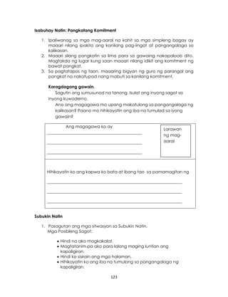123
Isabuhay Natin: Pangkatang Komitment
1. Ipaliwanag sa mga mag-aaral na kahit sa mga simpleng bagay ay
maaari nilang ipakita ang kanilang pag-iingat at pangangalaga sa
kalikasan.
2. Maaari silang pangkatin sa lima para sa gawaing nakapaloob dito.
Magtakda ng lugar kung saan maaari nilang idikit ang komitment ng
bawat pangkat.
3. Sa pagtatapos ng taon, maaaring bigyan ng guro ng parangal ang
pangkat na nakatupad nang mabuti sa kanilang komitment.
Karagdagang gawain.
Sagutin ang sumusunod na tanong. Isulat ang inyong sagot sa
inyong kuwaderno.
Ano ang magagawa mo upang makatulong sa pangangalaga ng
kalikasan? Paano mo hihikayatin ang iba na tumulad sa iyong
gawain?
Ang magagawa ko ay
_____________________________________________
_____________________________________________
_____________________________________________
Hihikayatin ko ang kapwa ko bata at ibang tao sa pamamagitan ng
________________________________________________________________
________________________________________________________________
________________________________________________________________
Subukin Natin
1. Pasagutan ang mga sitwasyon sa Subukin Natin.
Mga Posibleng Sagot:
 Hindi na ako magkakalat.
 Magtatanim pa ako para lalong maging luntian ang
kapaligiran.
 Hindi ko sisirain ang mga halaman.
 Hihikayatin ko ang iba na tumulong sa pangangalaga ng
kapaligiran.
Larawan
ng mag-
aaral
 