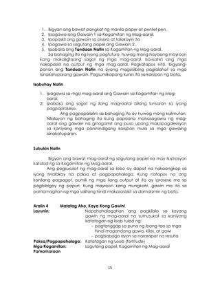 15
1. Bigyan ang bawat pangkat ng manila paper at pentel pen.
2. Ipagawa ang Gawain 1 sa Kagamitan ng Mag-aaral.
3. Ipapaskil ang gawain sa pisara at talakayin ito
4. Ipagawa sa sagutang papel ang Gawain 2.
5. Ipabasa ang Tandaan Natin sa Kagamitan ng Mag-aaral.
Sa bahaging ito ng iyong pagtuturo, huwag mong hayaang mayroon
kang makaligtaang sagot ng mga mag-aaral. Isa-isahin ang mga
nakapaskil na output ng mga mag-aaral. Pagkatapos nito, bigyang-
pansin ang Tandaan Natin na siyang magsisilbing paglalahat sa mga
isinakatuparang gawain. Pagsumikapang kunin ito sa kaisipan ng bata.
Isabuhay Natin
1. Ipagawa sa mga mag-aaral ang Gawain sa Kagamitan ng Mag-
aaral.
2. Ipabasa ang sagot ng ilang mag-aaral bilang lunsaran sa iyong
pagpoproseso.
Ang pagpapalalim sa bahaging ito ay huwag mong kalimutan.
Nilalayon ng bahaging ito kung papaano maisasagawa ng mag-
aaral ang gawain na ginagamit ang puso upang makapagdesisyon
sa kaniyang mga paninindigang kaisipan mula sa mga gawaing
isinakatuparan.
Subukin Natin
Bigyan ang bawat mag-aaral ng sagutang papel na may ilustrasyon
katulad ng sa Kagamitan ng Mag-aaral.
Ang pagsusulat ng mag-aaral sa lobo ay dapat na nakaangkop sa
iyong tinalakay na paksa at pagpapahalaga. Kung natapos na ang
kanilang pagsagot, pumili ng mga ilang output at ito ay iproseso mo sa
pagbibigay ng papuri. Kung mayroon kang mungkahi, gawin mo ito sa
pamamagitan ng mga salitang hindi makasasakit sa damdamin ng bata.
Aralin 4 Matatag Ako, Kaya Kong Gawin!
Layunin: Napahahalagahan ang pagkilala sa kayang
gawin ng mag-aaral na sumusukat sa kaniyang
katatagan ng loob tulad ng:
- pagtanggap sa puna ng ibang tao sa mga
hindi magandang gawa, kilos, at gawi
- pagbabago ayon sa nararapat na resulta
Paksa/Pagpapahalaga: Katatagan ng Loob (fortitude)
Mga Kagamitan: sagutang papel, Kagamitan ng Mag-aaral
Pamamaraan
 
