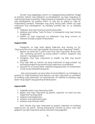 25
Simulan ang pagbibigay pansin sa magagandang kasabihan hinggil
sa pamilya. Buksan ang talakayan sa kahalagahan ng mga magulang at
mga ibang kasapi ng pamilya. Pagsumikapang maipakita sa mga mag-aaral
ang kahalagahan ng pamilya (kahit na ang iba ay galing sa mga di-
magandang pamilya). Kailangan ang iyong tulong para makita ng mga
mag-aaral ang kahalagahan ng kanilang pamilya lalo na sa kanilang
paglaki.
1. Talakayin ang mga tanong sa panimulang salita.
2. Ipabasa ang tulang “Tuloy Po Kayo” at pasagutan ang mga tanong
tungkol dito.
3. Sabihin sa mga mag-aaral na alalahanin ang ilang tuntunin sa
tahanan at pag-uusapan kinabukasan.
Isagawa Natin
Pasagutan sa mga bata bilang balik-aral ang tanong na ito,
“Nasusunod ba ninyo ang mga tagubilin ng inyong mga magulang”? Bakit?
1. Bigyan ng metacard o post-it-card ang mga mag-aaral. (Kung wala
nito, maaaring gumamit ng ibang papel o karton). Ipagawa ang
Gawain 1 ng Isagawa Natin.
2. Pangkatin ang mga mag-aaral at papiliin ng lider ang bawat
pangkat.
3. Ang mga lider ay kukuha ng isang metacard at pag-uusapan ng
kanyang pangkat kung isasama ang napili ayon sa patakaran.
4. Ipauulat ito sa buong klase. Sabihing ipagpapatuloy ito kinabukasan
sa lalo pang nakasisiyang gawain.
Muli, ang konsepto ng sosyo-etika at konstruktibismo ay mahalaga sa
gawing ito. Pagsumikapang ang desisyon ng mga mag-aaral ay nararapat
sa kanilang mga karanasan na naramdaman at naikintal sa kanilang mga
isipan nang sagutin ang gawaing isinakatuparan.
Isapuso Natin
1. Pagbalik-aralan ang nakaraang aralin.
2. Bigyan ang mga mag-aaral ng graphic organizer na tulad ng nasa
Kagamitan ng Mag-aaral.
3. Isagawa ang pagkukulay.
4. Iproseso ang mga katanungan.
5. Ipabasa ang Tandaan Natin.
Muli, ihanda ang mga mag-aaral sa graphic organizer na kanilang
pagtutuunan ng pansin. Huwag pabayaang mawala sa pokus ang mga
gagawin ng mga mag-aaral upang maiwasan ang pagkalito.
 