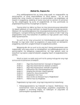 29
Mahal Ko, Kapwa Ko
Ang pakikipagkapwa-tao ay isang pag-uugali na nagpapakita ng
pananagutan at isang responsibilidad sa ating kapwa. Ito ay ang
pakikitungo nang maayos sa kapwa sa pamamagitan ng pagbibigay ng
respeto o paggalang, pakikinig at bukas ang loob sa opinyon at pananaw
ng iba, pagtanggap ng puna at pagkakamali, at may paniniwala sa
pagkakapantay-pantay na pagtingin sa kapwa.
Tayong lahat ay nilikha ng Diyos na may kanya-kanyang kakayahan
na dapat palakasin at mga kahinaan na dapat linangin at bigyang pansin.
Nilalayon din ng pakikipagkapwa-tao ang pagsasalang-alang ng katayuan /
kalalagyan / pangkat-etnikong kinabibilangan ng kapwa at lalo’t higit ang
pagpapakita nang may kasiyahan at pakikiisa sa mga gawain saan mang
dako ng pamayanan.
Sa yunit na ito, ang sumusunod na mahahalagang pag-uugali ang
lilinangin sa mga bata tulad ng pagdama at pag-unawa sa damdamin,
paggalang, kabutihan, pagkamatapat at pagkabukas-palad.
Bibigyang-diin din sa yunit na ito ang iba’t ibang pamamaraan para
maipamalas ang pag-unawa sa kahalagahan ng pakikipagkapwa-tao sa
pamamagitan ng palagiang pagsasabuhay ng mga gawain para sa
kabutihan ng kapwa: pagmamalasakit, pagiging tapat at pagkakapantay-
pantay.
Hinati sa siyam na aralin ang yunit na ito upang matugunan ang mga
sumusunod na pananaw at kaisipan:
Aralin 1: Mga May Karamdaman: Tulungan at Alagaan!
Aralin 2: Mga May Karamdaman: Dalawin at Aliwin!
Aralin 3: Mga May Kapansanan: Mahalin at Igalang!
Aralin 4: Kakayahan Mo, Pahahalagahan Ko!
Aralin 5: Maging Sino Ka Man, Dapat Igalang!
Aralin 6: Kapwa Ko, Nauunawaan Ko!
Aralin 7: Magkaiban man Tayo
Aralin 8: Ikaw at Ako ay Masaya! Tayo’y Nagkakaisa!
Aralin 9: Halina! Tayo ay Magkaisa
Pagkatapos ng mga aralin, ang mga mag-aaral ay inaasahang:
1. Nakapagpapadama ng malasakit sa kapwa. (Halimbawa: may
karamdaman tulad ng pag-aalaga, pagdalaw, pagdadala ng
pagkain o anumang bagay na kailangan at pag-aaliw sa
pamamagitan ng pagkukwento);
 