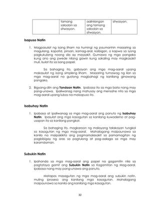 32
tamang
saloobin sa
sitwasyon.
aalinlangan
ang tamang
saloobin sa
sitwasyon.
sitwasyon.
Isapuso Natin
1. Magpasulat ng isang liham na humingi ng paumanhin maaaring sa
magulang, kapatid, pinsan, kamag-aral, kaibigan, o kapwa sa iyong
pagkukulang noong sila ay maysakit. Gumawa ng mga pangako
kung ano ang pwede nilang gawin kung sakaling may magkasakit
muli. Isulat ito sa isang papel.
Sa bahaging ito, gabayan ang mga mag-aaral upang
makasulat ng isang simpleng liham. Maaaring tumawag ng ilan sa
mga mag-aaral na gustong magbahagi ng kanilang ginawang
pangako.
2. Bigyang-diin ang Tandaan Natin. Ipabasa ito sa mga bata nang may
pang-unawa. Ipaliwanag nang mahusay ang mensahe nito sa mga
mag-aaral upang lubos na maisapuso ito.
Isabuhay Natin
1. Ipabasa at ipaliwanag sa mga mag-aaral ang panuto ng Isabuhay
Natin. Ipasulat ang mga kasagutan sa kanilang kuwaderno at pag-
usapan ito sa kanilang pangkat.
Sa bahaging ito, magkaroon ng malayang talakayan tungkol
sa kasagutan ng mga mag-aaral. Mahalagang maipaunawa sa
kanila na maipakikita ang pagmamalasakit sa pamamagitan ng
pagbibigay ng oras sa pagtulong at pag-aalaga sa mga may
karamdaman.
Subukin Natin
1. Ipahanda sa mga mag-aaral ang papel na gagamitin nila sa
pagtataya gamit ang Subukin Natin sa Kagamitan ng Mag-aaral.
Ipabasa nang may pang-unawa ang panuto.
Matapos masagutan ng mga mag-aaral ang subukin natin,
muling iproseso ang kanilang mga kasagutan. Mahalagang
maipaunawa sa kanila ang kanilang mga kasagutan.
 