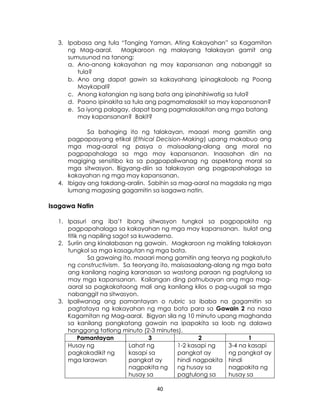 40
3. Ipabasa ang tula “Tanging Yaman, Ating Kakayahan” sa Kagamitan
ng Mag-aaral. Magkaroon ng malayang talakayan gamit ang
sumusunod na tanong:
a. Ano-anong kakayahan ng may kapansanan ang nabanggit sa
tula?
b. Ano ang dapat gawin sa kakayahang ipinagkaloob ng Poong
Maykapal?
c. Anong katangian ng isang bata ang ipinahihiwatig sa tula?
d. Paano ipinakita sa tula ang pagmamalasakit sa may kapansanan?
e. Sa iyong palagay, dapat bang pagmalasakitan ang mga batang
may kapansanan? Bakit?
Sa bahaging ito ng talakayan, maaari mong gamitin ang
pagpapasyang etikal (Ethical Decision-Making) upang makabuo ang
mga mag-aaral ng pasya o maisaalang-alang ang moral na
pagpapahalaga sa mga may kapansanan. Inaasahan din na
magiging sensitibo ka sa pagpapaliwanag ng aspektong moral sa
mga sitwasyon. Bigyang-diin sa talakayan ang pagpapahalaga sa
kakayahan ng mga may kapansanan.
4. Ibigay ang takdang-aralin. Sabihin sa mag-aaral na magdala ng mga
lumang magasing gagamitin sa isagawa natin.
Isagawa Natin
1. Ipasuri ang iba’t ibang sitwasyon tungkol sa pagpapakita ng
pagpapahalaga sa kakayahan ng mga may kapansanan. Isulat ang
titik ng napiling sagot sa kuwaderno.
2. Suriin ang kinalabasan ng gawain. Magkaroon ng maikling talakayan
tungkol sa mga kasagutan ng mga bata.
Sa gawaing ito, maaari mong gamitin ang teorya ng pagkatuto
ng constructivism. Sa teoryang ito, maisasaalang-alang ng mga bata
ang kanilang naging karanasan sa wastong paraan ng pagtulong sa
may mga kapansanan. Kailangan ding patnubayan ang mga mag-
aaral sa pagkakataong mali ang kanilang kilos o pag-uugali sa mga
nabanggit na sitwasyon.
3. Ipaliwanag ang pamantayan o rubric sa ibaba na gagamitin sa
pagtataya ng kakayahan ng mga bata para sa Gawain 2 na nasa
Kagamitan ng Mag-aaral. Bigyan sila ng 10 minuto upang maghanda
sa kanilang pangkatang gawain na ipapakita sa loob ng dalawa
hanggang tatlong minuto (2-3 minutes).
Pamantayan 3 2 1
Husay ng
pagkakadikit ng
mga larawan
Lahat ng
kasapi sa
pangkat ay
nagpakita ng
husay sa
1-2 kasapi ng
pangkat ay
hindi nagpakita
ng husay sa
pagtulong sa
3-4 na kasapi
ng pangkat ay
hindi
nagpakita ng
husay sa
 