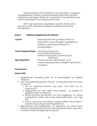 70
Matapos mabasa at mamarkahan ang mga islogan, magkaroon
ng pagpoproseso. Hingan ng paliwanang ang mga bata kung bakit
nagustuhan ang islogan. Hingan din ng suhestiyon ang mga bata kung
paano mapapaganda ang islogang hindi napili.
Batiin ang mga bata sa pagtatapos ng aralin. Ihanda sila sa
susunod na aralin. Maaaring magbigay ng takdang-aralin kung
kinakailangan.
Aralin 5 Kalinisan Nagsisimula Sa Tahanan
Layunin: Nakapagpananatili ng malinis at ligtas na
pamayanan sa pamamagitan ng paglilinis at
pakikiisa sa gawaing pantahanan at
pangkapaligiran
Paksa/Pagpapahalaga: Likas-kayang Pag-unlad
(Sustainable Development)
Kalinisan at Kaayusan (Cleanliness and
Orderliness)
Mga Kagamitan: larawan ng mga nagtutulungan at di-
nagtutulungang pamilya sa paglilinis ng tahanan,
kuwaderno
Pamamaraan
Alamin Natin
1. Magbalik-aral. Maaaring gawin ito sa pamamagitan ng maikling
talakayan.
2. Suriin ang dalawang larawan. Itanong sa mag-aaral ang sumusunod
na tanong:
 Alin sa dalawang larawan ang gusto mo? Bakit mo ito
nagustuhan?
 Nagpapakita ba ang napili mong larawan ng pakikisa at
pagiging malinis na tahanan?
 Bilang miyembro ng paaralan ano ang magagawa mo upang
mapanatiling malinis ang inyong tahanan?Isa-isahin ang mga
ito?
 Anong ang iyong naramdaman kapag nakikita mong malinis o
madumi ang inyong bahay?Pangatwiranan.
3. Bigyang-pokus ang pagkakaroon ng kakayahan ng bawat bata.
Sikaping mapag-isp ang mga bata ang sariling kakayahan. Ipasulat sa
kuwaderno ang hinihinging mga kasagutan.
 