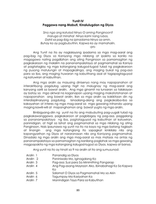 89
Yunit IV
Paggawa nang Mabuti, Kinalulugdan ng Diyos
Sino nga ang katulad Ninyo O aming Panginoon?
Inaruga at minahal Ninyo kami nang lubos.
Dahil sa pag-ibig na ipinadama Ninyo sa amin,
Buhay ko ay pagbubutihin, Kapwa ko ay mamahalin.
-prs-
Ang Yunit na ito ay naglalayong ipadama sa mga mag-aaral ang
pag-ibig ng Diyos sa Kaniyang mga nilalang at ipakita sa kanila na
magagawa nating pagsilbihan ang ating Panginoon sa pamamagitan ng
pagkakaroon ng malalim na pananampalataya at pagmamahal sa Kaniya
at pagtataglay ng mga katangiang kalugod-lugod tulad ng pagkakaroon
ng pusong matulungin at mapagkalinga, ang maging bukal ng pag-asa
para sa iba, ang maging huwaran ng kabutihang asal at tagapagtaguyod
ng katuwiran at kabutihan.
Ang mga aralin ay masusing dinisenyo nang may napapanahon at
interaktibong pagdulog upang higit na maiugnay ng mag-aaral ang
kanyang sarili sa bawat aralin. Ang mga ginamit na lunsaran sa talakayan
ay batay sa mga aktwal na kaganapan upang maging makatotohanan at
napapanahon ang bawat aralin. Ilan sa mga aralin ay kakikitaan din ng
interdisiplinaryong pagdulog. Isinaalang-alang ang pagkakaiba-iba sa
kakayahan at interes ng mga mag-aaral sa mga gawaing inihanda upang
maging kawili-wili at mapanghamon ang bawat yugto ng mga aralin.
Binibigyang-diin ng yunit na ito ang mabubuting pag-uugali tulad ng
pagkakawanggawa, pagkakaroon at pagbibigay ng pag-asa, paggalang
sa pananampalataya ng iba, pagtataguyod ng kabutihan at katuwiran,
paninidigan, at higit sa lahat ang pagmamahal sa mga nilalang ng ating
Panginoon. Nais ipaunawa ng yunit na ito na kaya ng mga batang taglayin
at linangin ang mga katangiang ito sapagkat kinikilala nila ang
kapangyarihan ng Diyos at nararanasan nila ang Kaniyang pagmamahal.
Dinadala ng mga aralin ang mga mag-aaral sa mas mataas na antas ng
pananampalataya sa pamamagitan ng kanilang paglahok sa mga gawaing
magpapakita ng mga katangiang kalugod-lugod sa Diyos, kapwa at bansa.
Ang yunit na ito ay hinati sa 9 na aralin at ito ang sumusunod:
Aralin 1 Pananalig sa Diyos
Aralin 2 Paniniwala Mo, Iginagalang Ko
Aralin 3 Pag-asa: Susi para Sa Minimithing Pangarap
Aralin 4 Ang Pag-asang Mayroon Ako, Ibinabahagi Ko Sa Kapwa
Ko
Aralin 5 Salamat O Diyos sa Pagmamahal Mo sa Akin
Aralin 6 Tagumpay Mo Kasiyahan Ko
Aralin 7 Manindigan Tayo Para sa Kabutihan
 